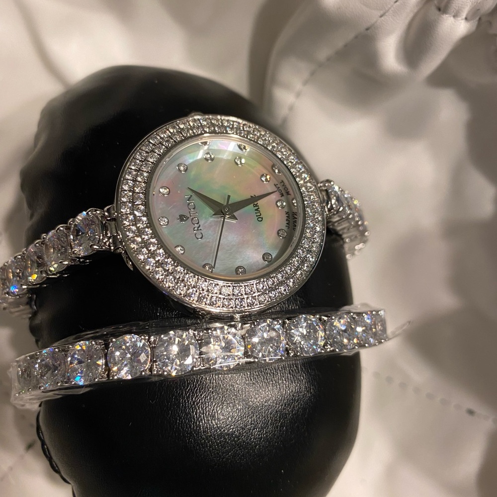 COPY - Croton watch and tennis bracelet set. Mother of pearl dial. Silver CZ. O…